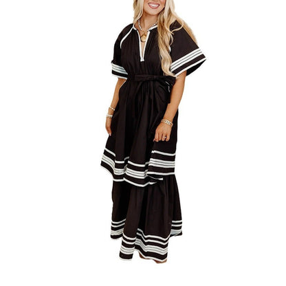 French Style Summer Tail Round-neck Flared Sleeves Lace-up Waist Solid Color Stripes Patchwork Long Dress Dress Women