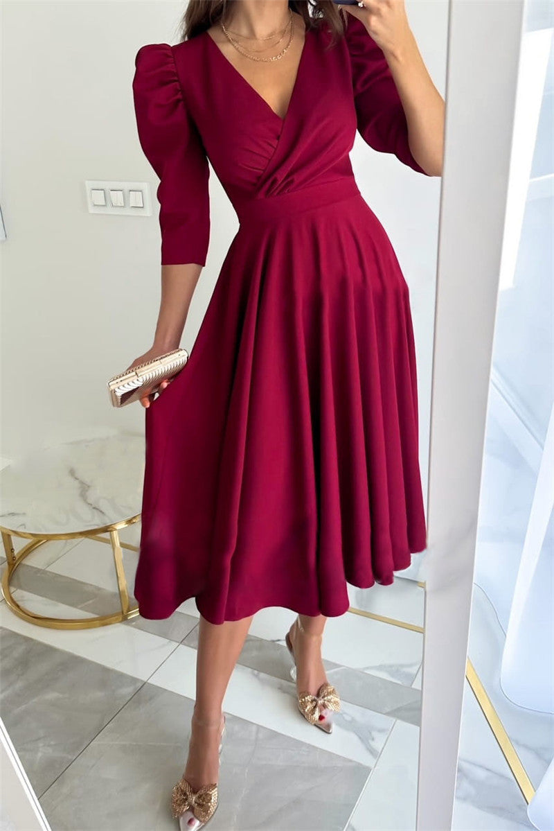 Women's Solid Color Pleated Waist Tight 34 Sleeve Swing Dress