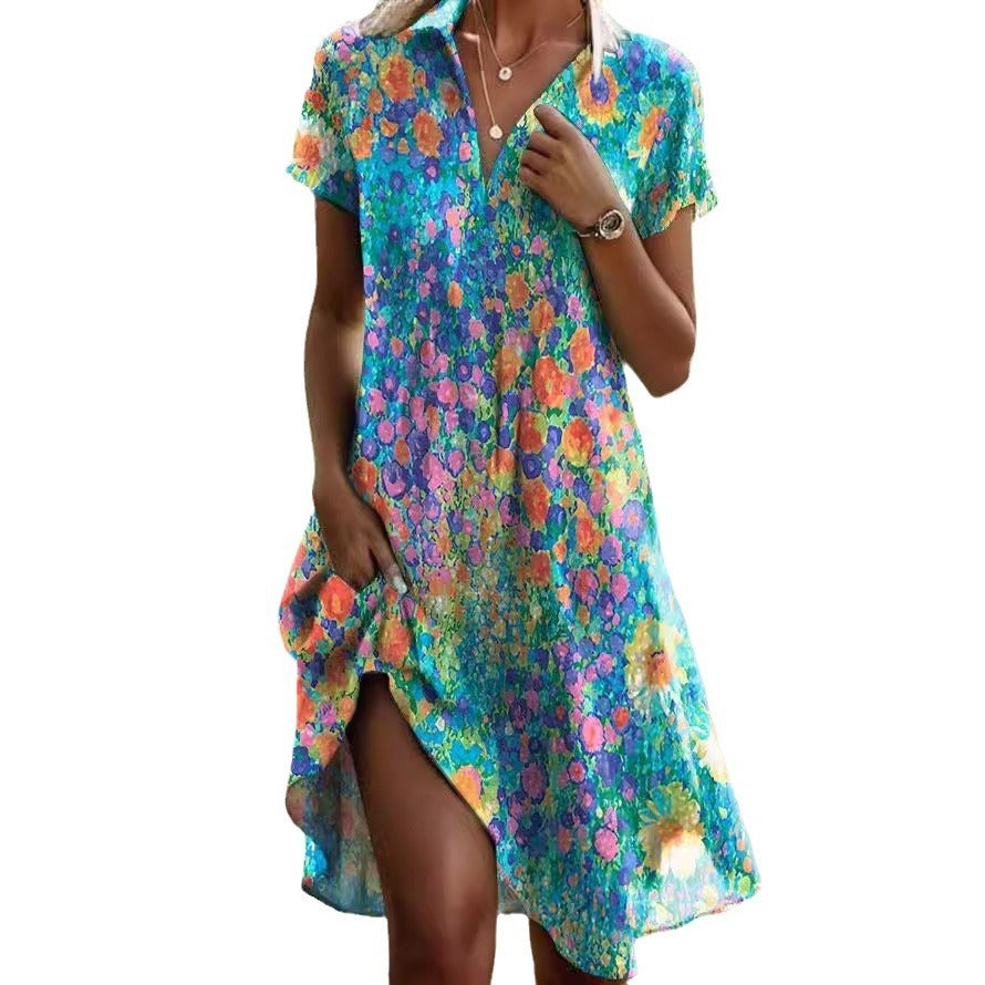 Round Neck Short Sleeve Bohemian Print Dress