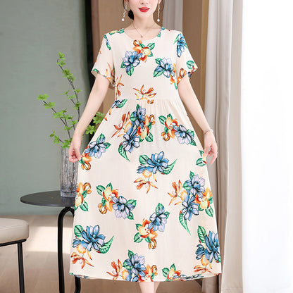 Casual Extra Large Size Cotton Silk Mother Loose Dress Women