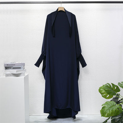 Casual Loose Robe With Headscarf Muslim Dress Solid Color Long Robe