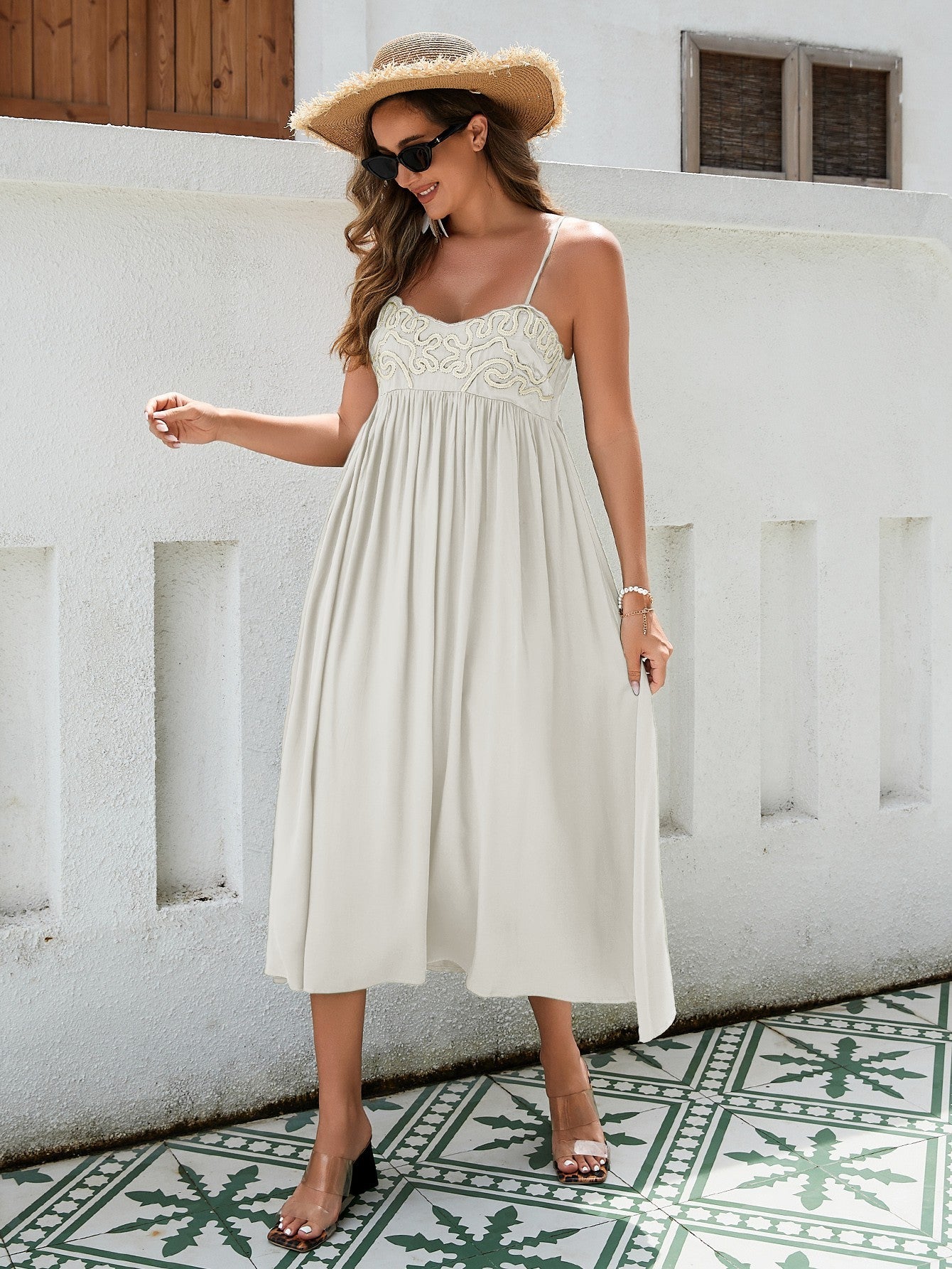 Vestido largo bohemio para mujer: tejido de rayón transpirable con busto bordado y espalda elástica, falda suelta en negro, blanco y verde