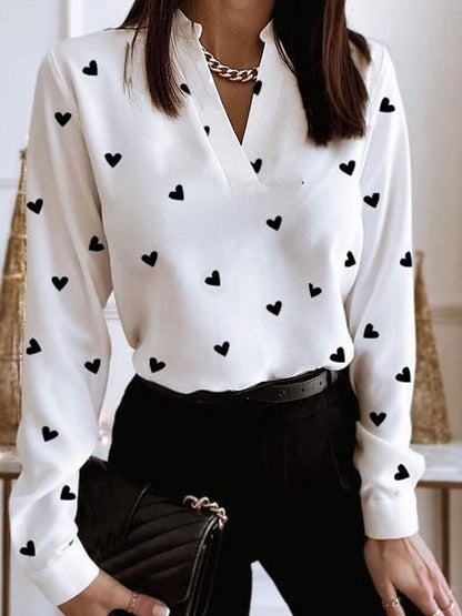 Camisa informal de mujer con cuello en V, manga larga y estampado de corazones