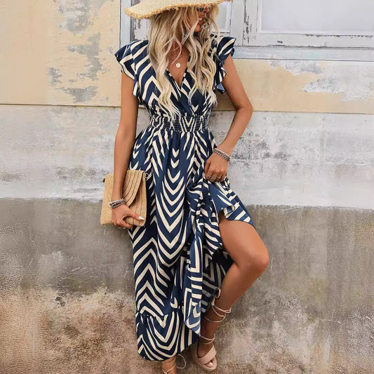 Elegant Style Printed Short Sleeve Dress Lace-up Long Hem