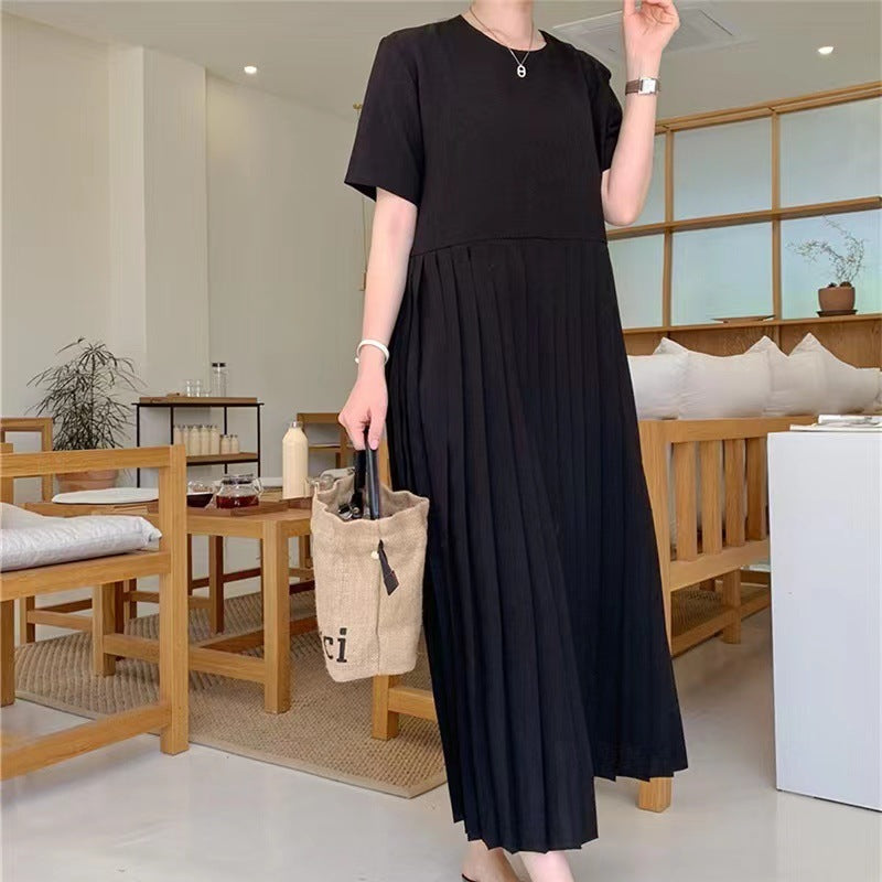 Loose Slimming Short Sleeve Chiffon Pleated Long Elegant Lady Dress