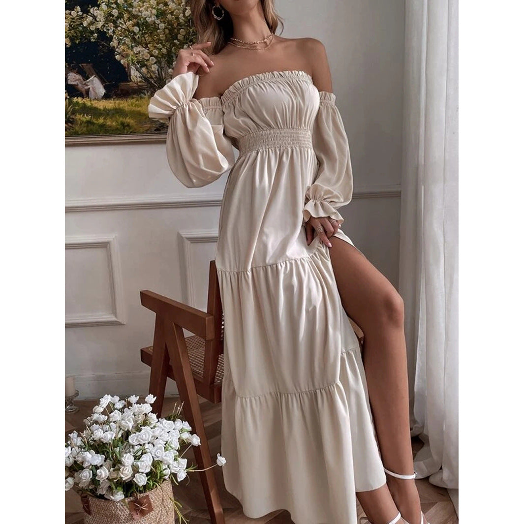 Off-shoulder Ruffled Long Sleeve High Slit Dress