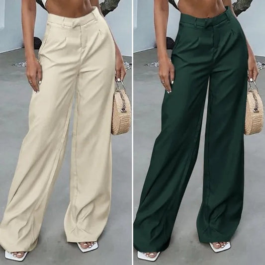 Pantalon taille haute avec poche de couleur unie pour femme