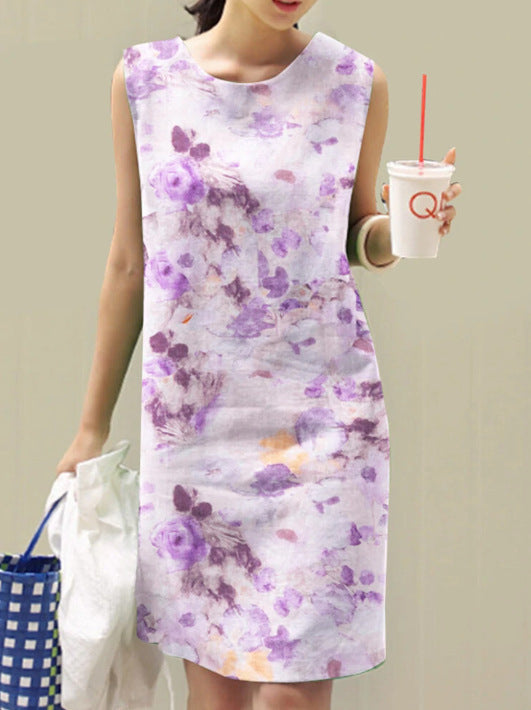 Women's Vintage Floral Print Round Neck Sleeveless Dress