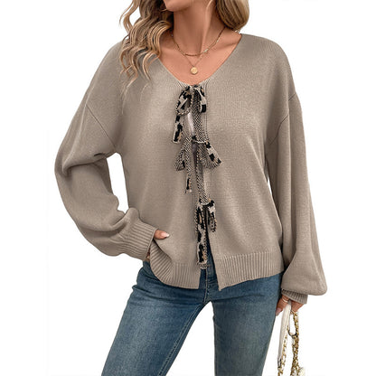 Lace-up Back Love V-neck Women's Cardigan