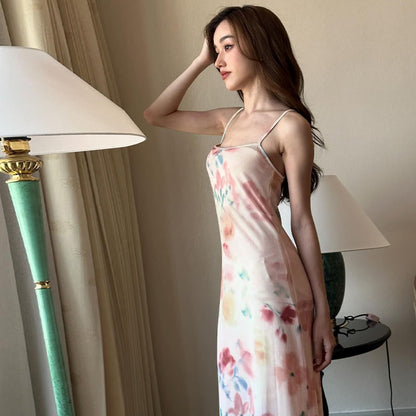 Women's Summer French Backless Sleeveless Printing Slip Dress