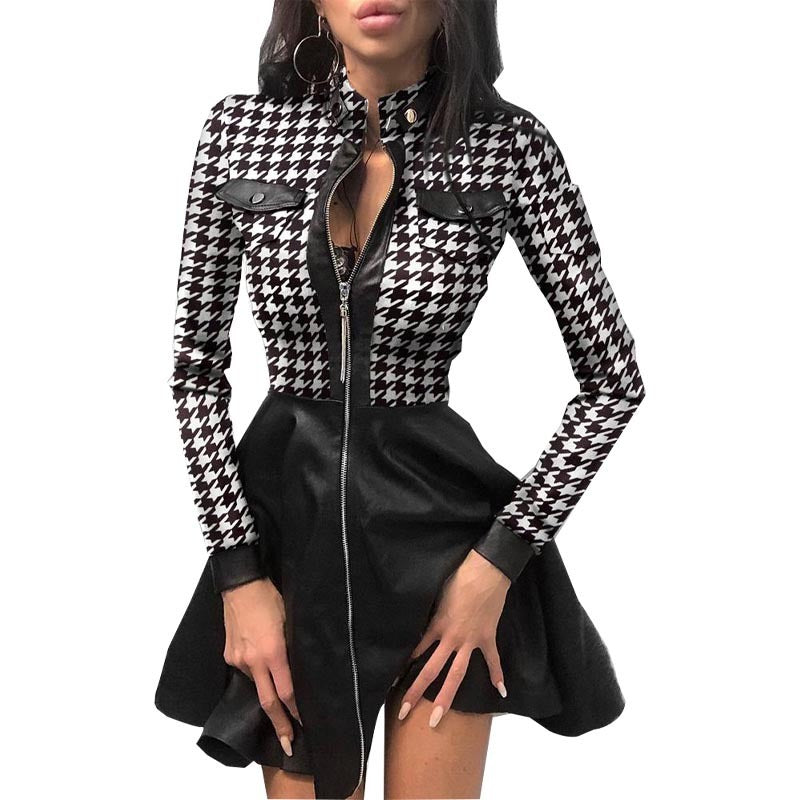 Long Sleeve V-neck Zipper Pu Pocket Dress Women's Clothing