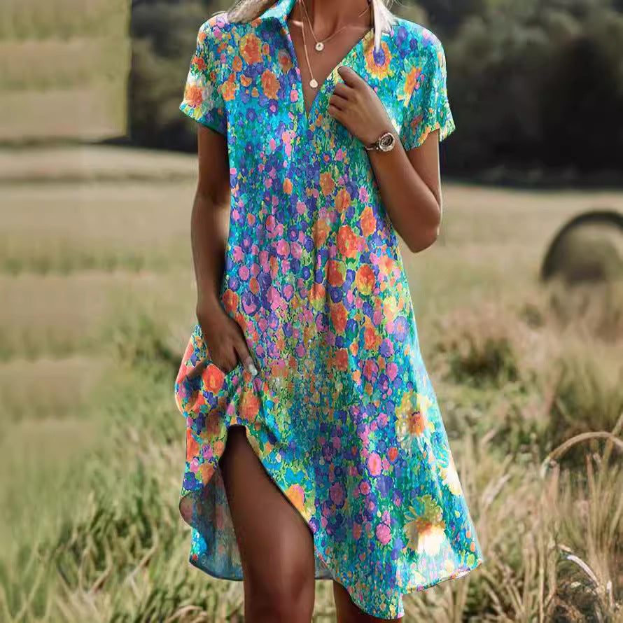 Vestido con estampado bohemio y manga corta con cuello redondo