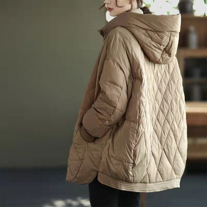 Chaqueta de plumón con capucha fina y plumón de pato blanco holgada de longitud media para otoño e invierno