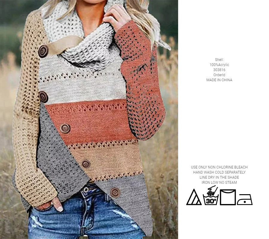 Autumn And Winter Women's Clothing Mixed Color Stripe Irregular Sweater Button Sweater