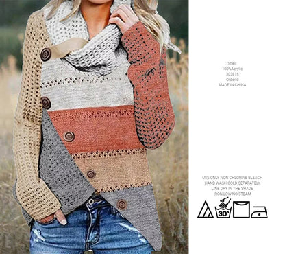 Autumn And Winter Women's Clothing Mixed Color Stripe Irregular Sweater Button Sweater