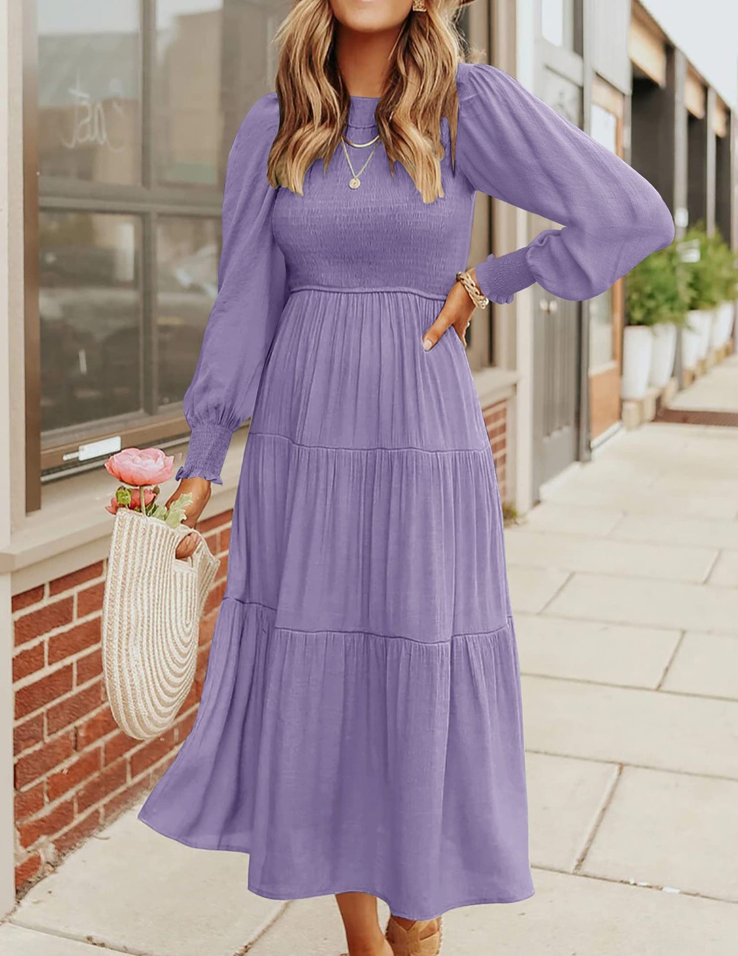 Smocking Pleating Multi-layer Large Swing Dress