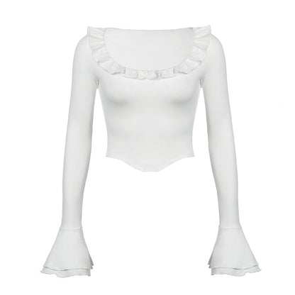 Tree Fungus-like Lacework Round Neck Long Sleeve Flared Sleeves Top