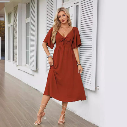 European And American Women's Clothing Spring And Summer Bow V-neck Pleated Mid-length Short Sleeve Dress