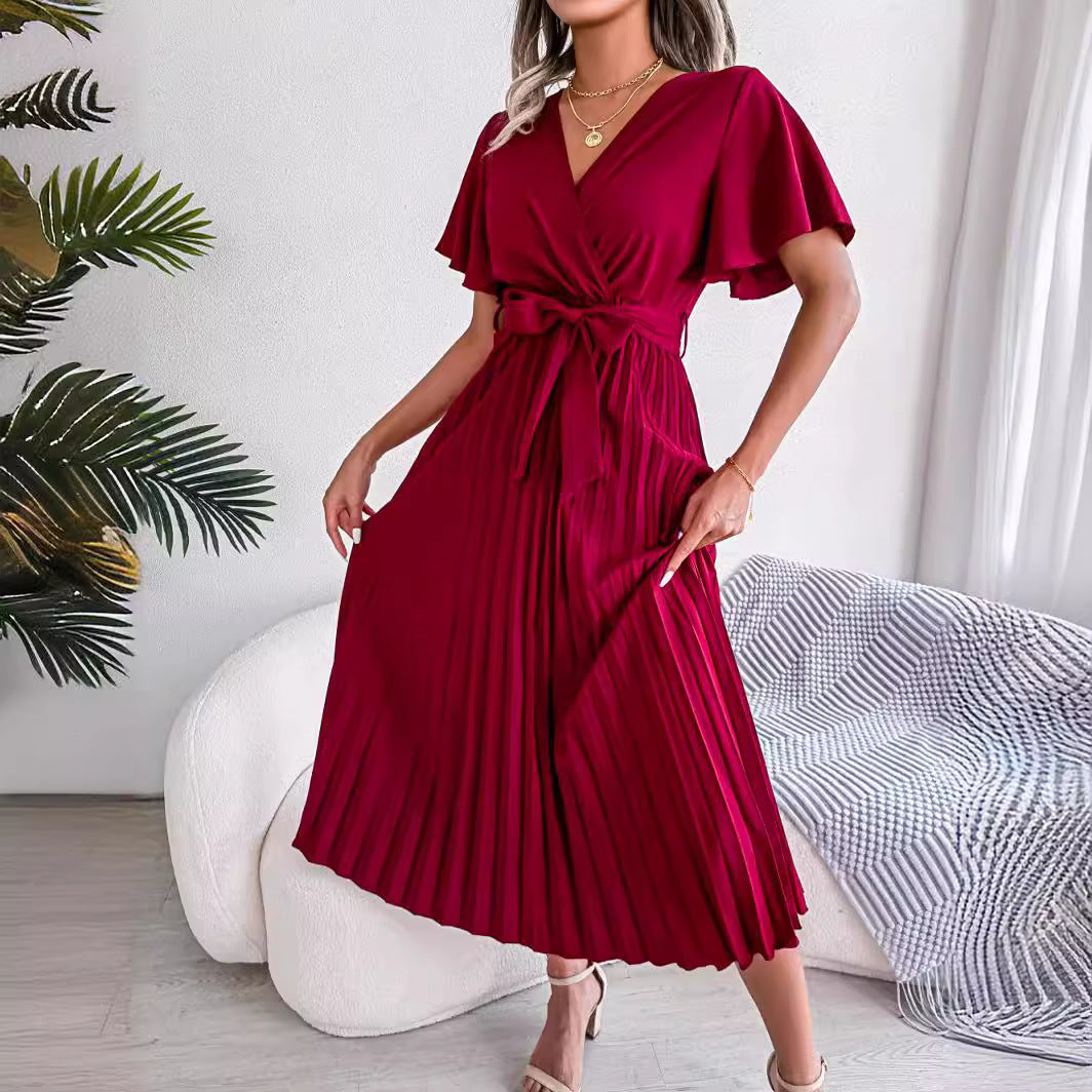 Robe longue plissée à col en V pour femme