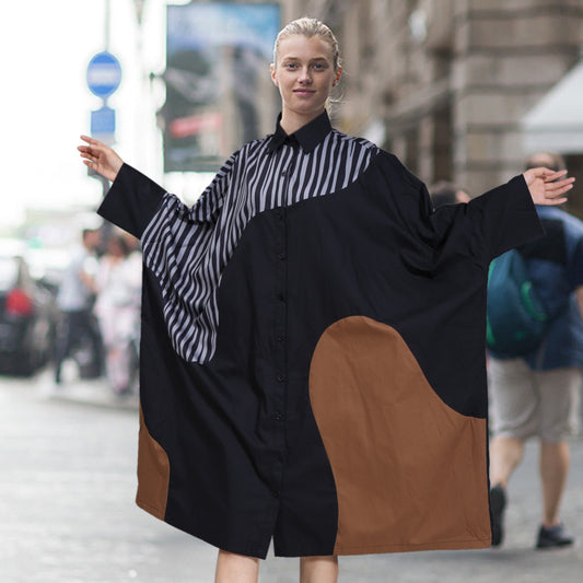 Vestido camisero de un solo pecho de otoño Color de contraste estilo inactivo suelto de talla grande para mujer