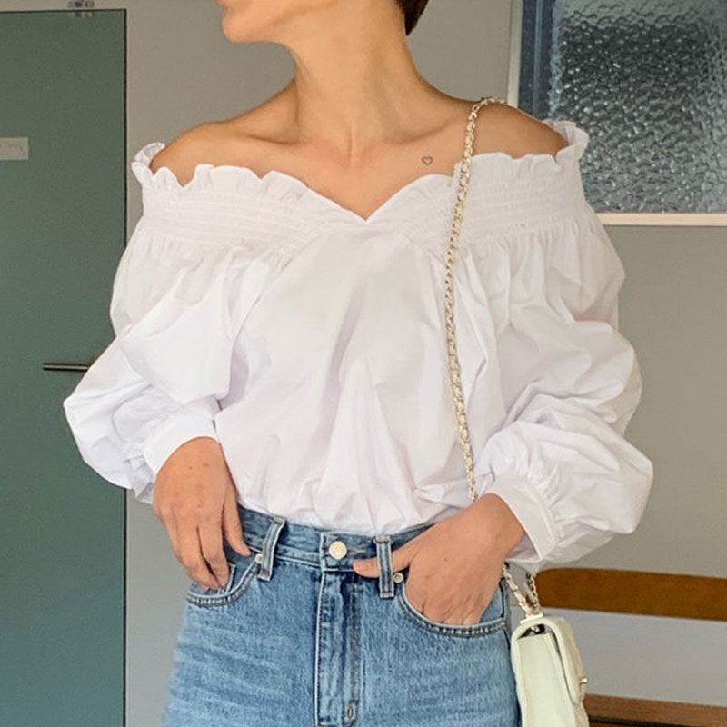 French Milk Blue And White Off-shoulder Reverse Lantern Sleeve Shirt Women