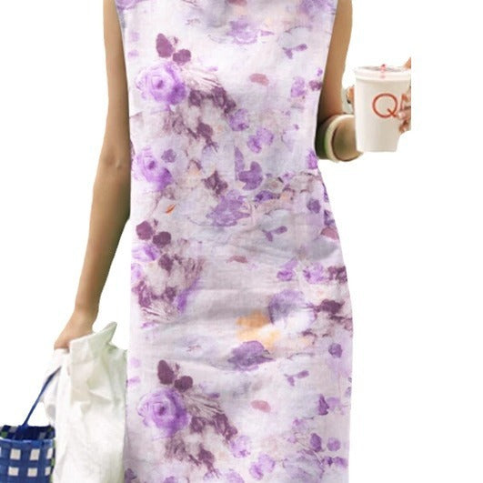 Women's Vintage Floral Print Round Neck Sleeveless Dress