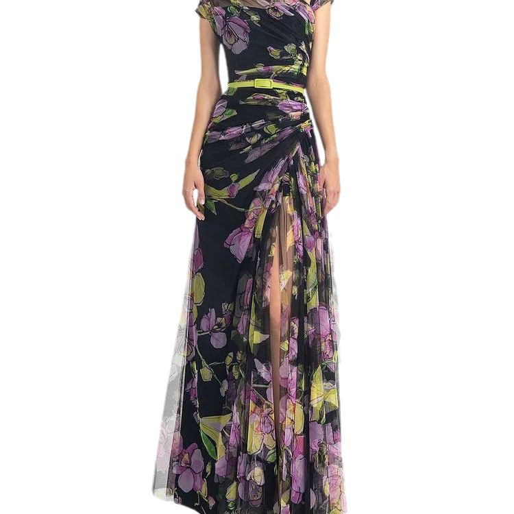 Belt Women's Pleating Slim Mesh Printed Long Dress