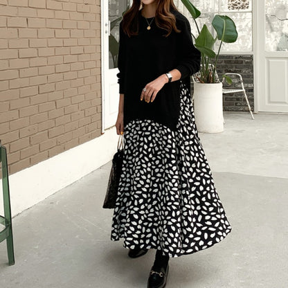 Women's Long Sleeve Stitching Printing Large Swing Round Neck False Two Pieces Dress