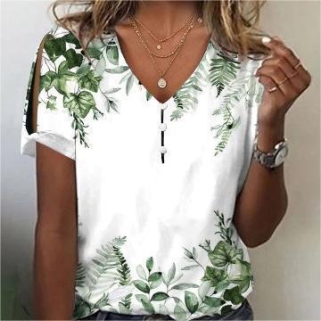 Flower Series 3D Printed V-neck Button T-shirt Top