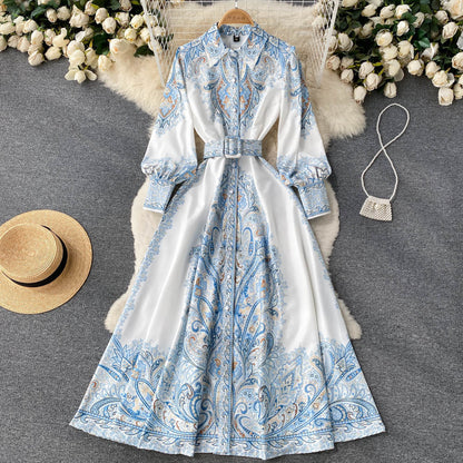 Retro Printed French Waist Dress