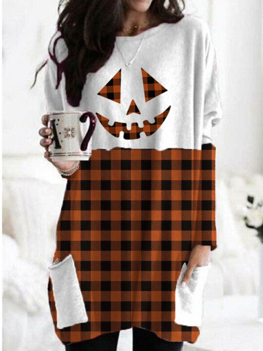 Camiseta con bolsillo a cuadros y estampado de cara de calabaza de Halloween