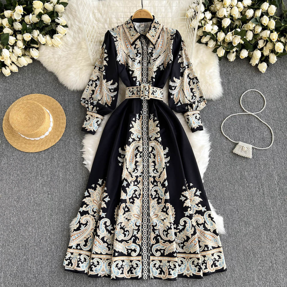 Retro Printed French Waist Dress