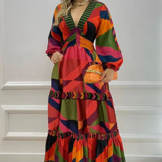 Robe longue imprimée à col en V d'automne