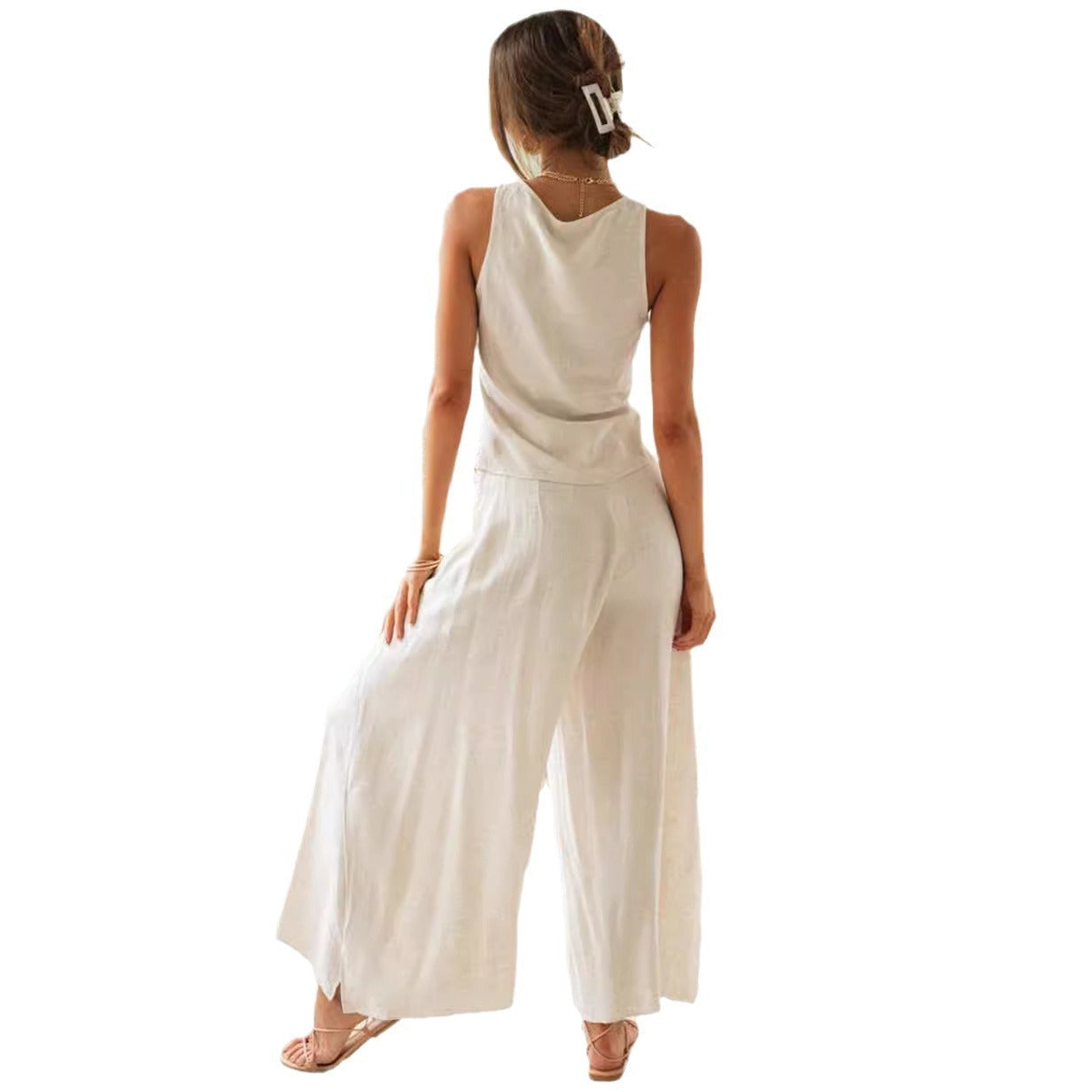 Women's Fashion Drawstring Short Sleeve Top Wide Leg Suit