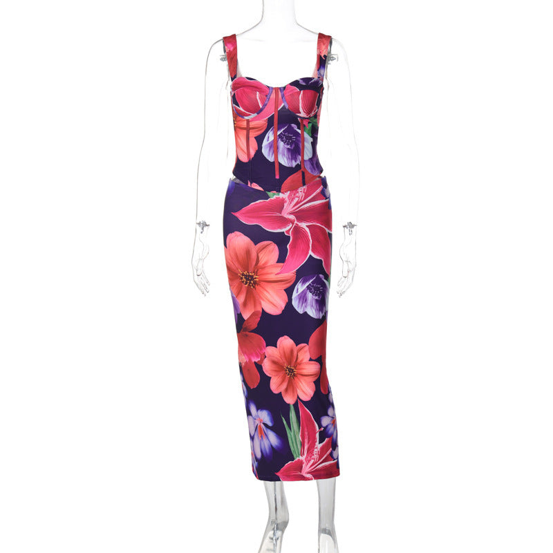 European And American Sleeveless Vest Slim-fit Midi Dress Two-piece Suit Fashion Printing