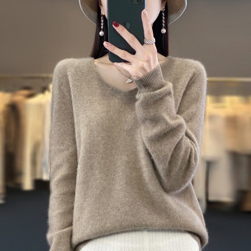 Women's Wool Sweater V-neck Autumn And Winter New Solid Color Loose-fitting Versatile Wool Loose Bottoming Shirt