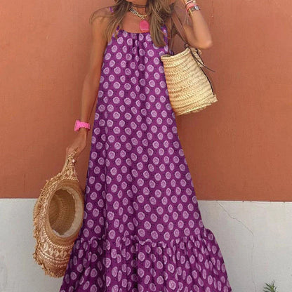 Vestido largo holgado con escote en V y estampado de orejas de madera para vacaciones estilo bohemio europeo y americano