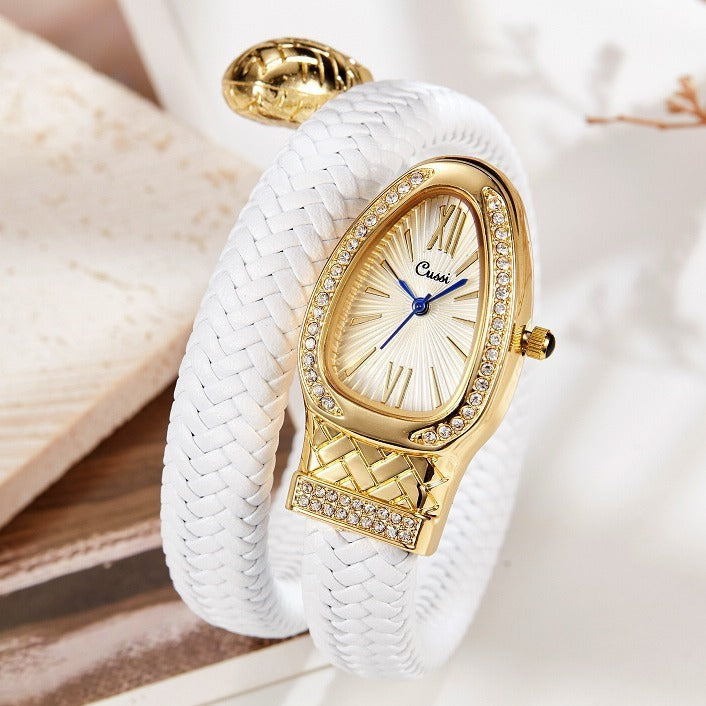 Montre à quartz tendance Snake Watch avec bracelet en cuir et diamants