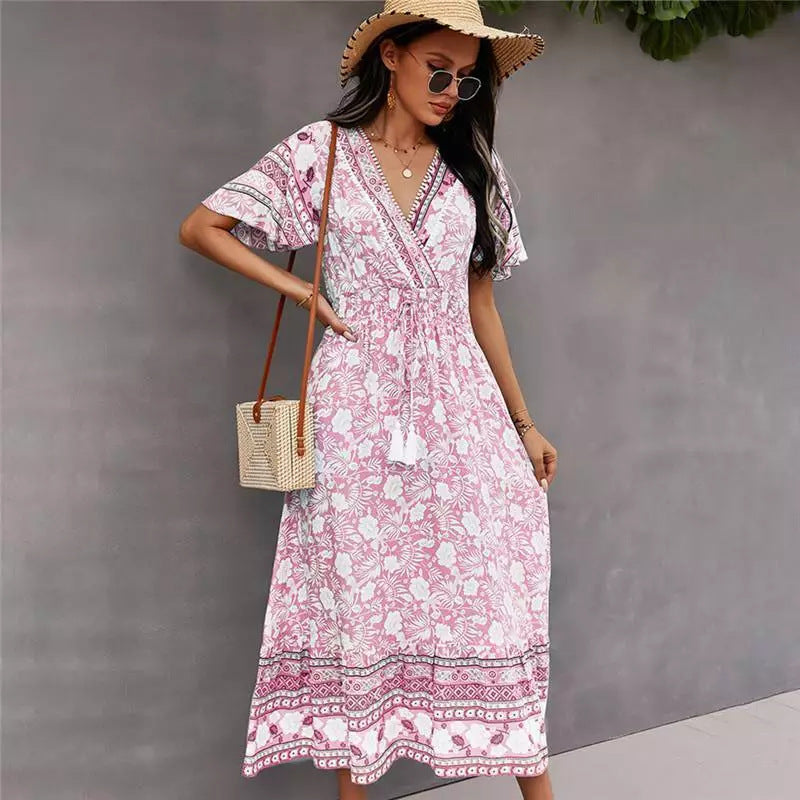 Flower Dyed Ethnic Style V-shaped Dress