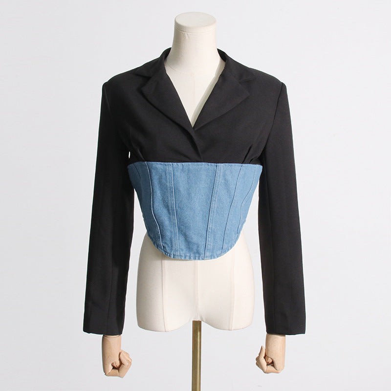 Manteau de costume à manches longues tendance avec coutures en denim et fermeture éclair dans le dos