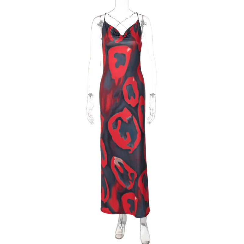 European And American Printed V-neck Long Dress Sexy Backless Fashion Dress