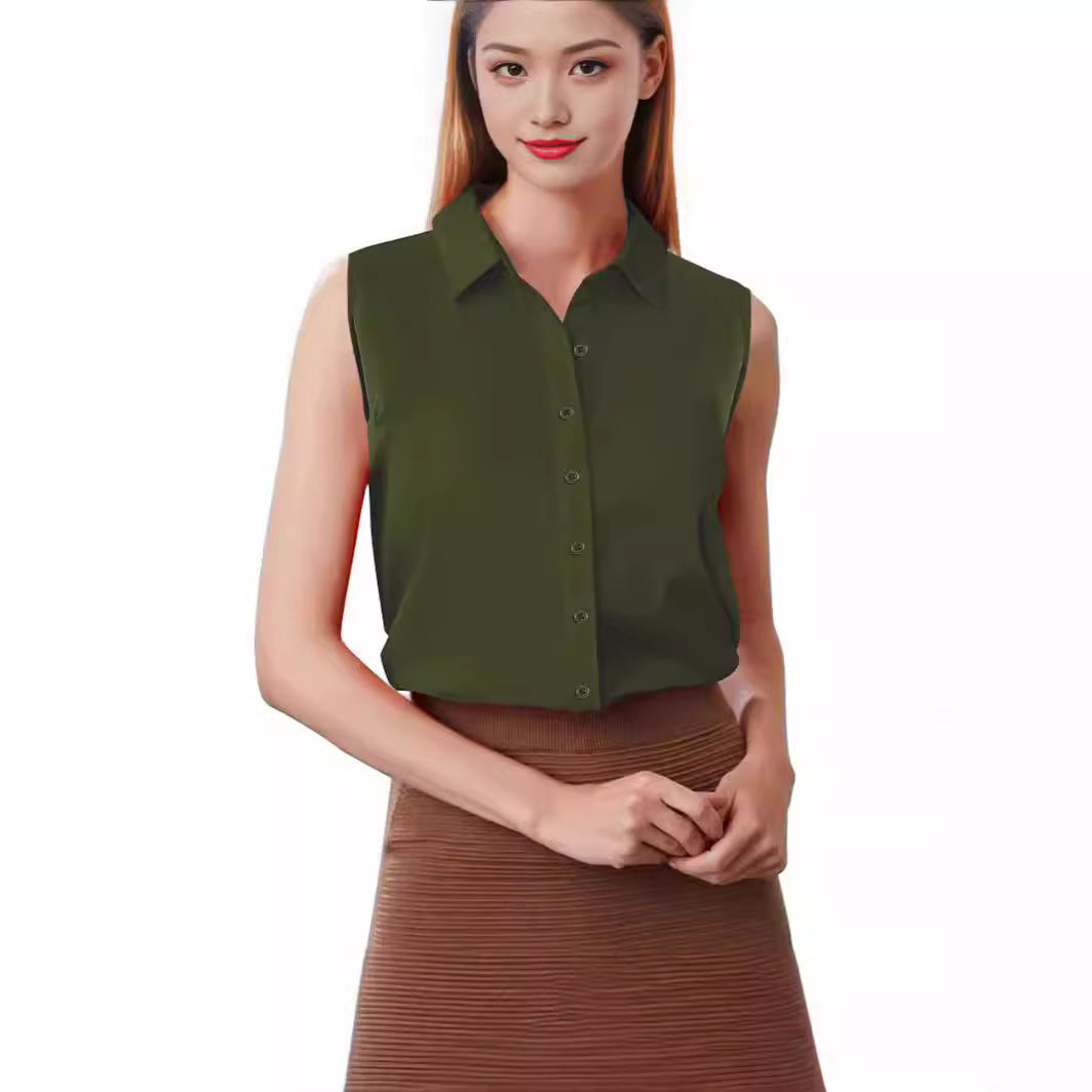 Solid Sleeveless Button Lapel Shirt Women's Top