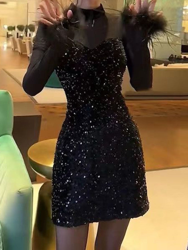 Stitching Sequined Velvet Slimming Dress