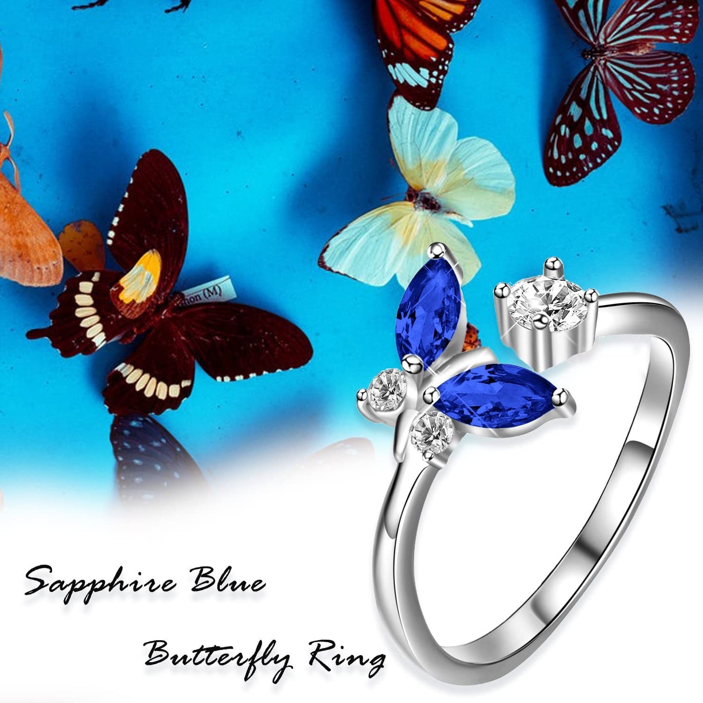 Bague papillon en argent sterling 925 avec cristal bleu saphir