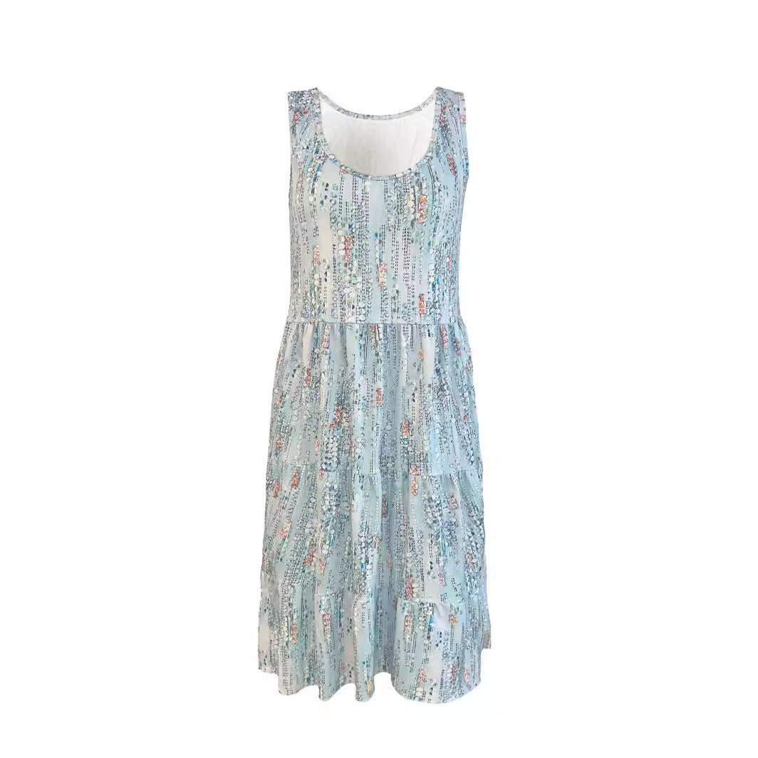 Casual Fashion Floral Print Loose Round Neck Sleeveless Mid-length Dress