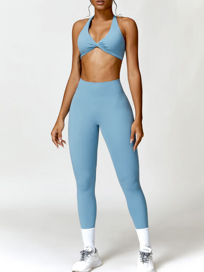 Ensemble actif soutien-gorge dos nu torsadé et leggings taille haute