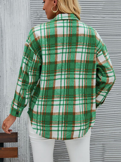 Plaid Pocketed Button Up Dropped Shoulder Jacket