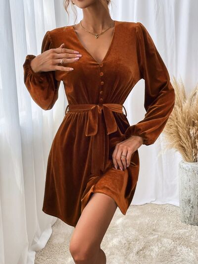 V-Neck Tie Waist Mini Dress