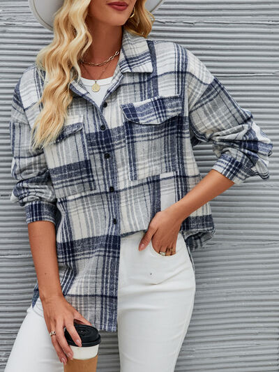 Plaid Pocketed Button Up Dropped Shoulder Jacket