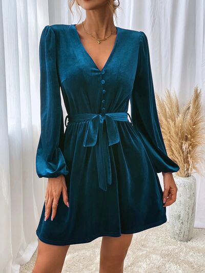 V-Neck Tie Waist Mini Dress